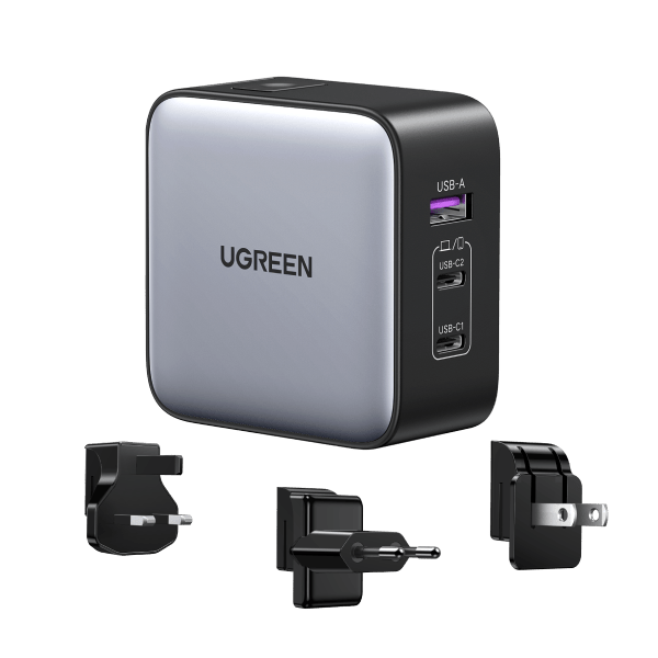 Ugreen 65W Nexode GaN USB C Chargeur 3 ports avec prise US/UK/EU pour le voyage
