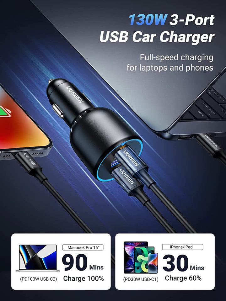 ugreen 130w usb c car charger-3 ports-for laptops and phones