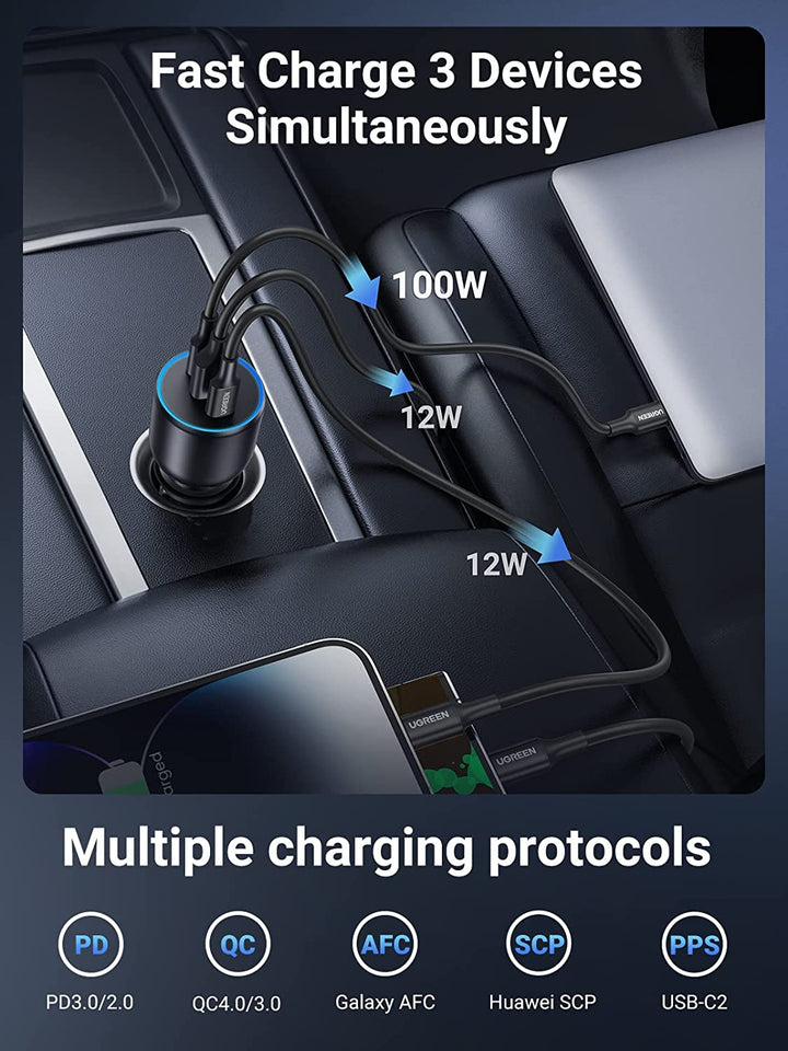 ugreen 130w usb c car charger-3 ports-multiple chcarging protocols